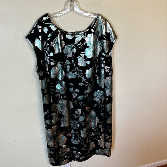 Avenue Womens Size 24 Metallic Black and Green Floral Sheath Midi Dress Evening - Picture 4 of 7